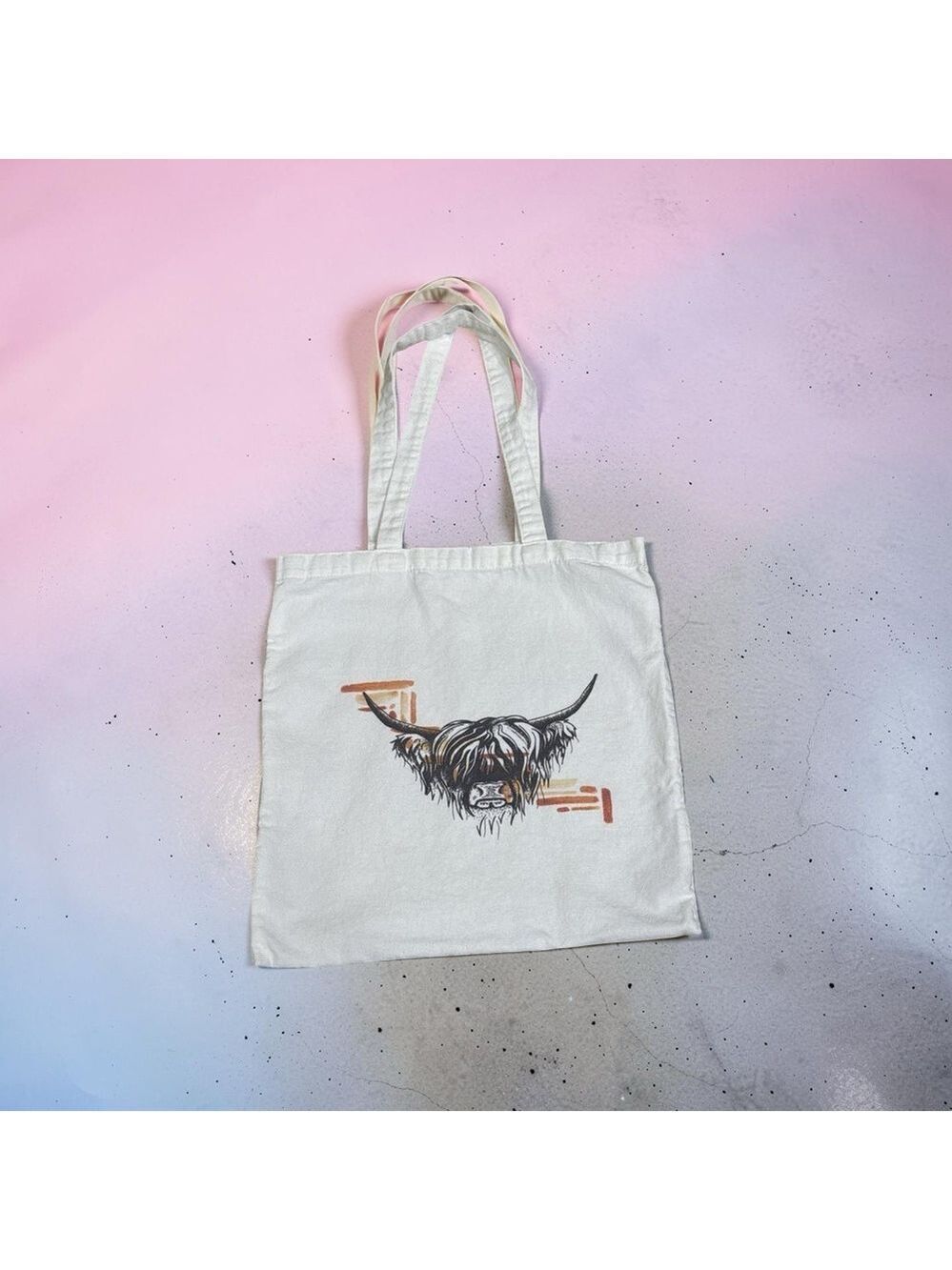 White Canvas Tote Bag with Highland Cow Graphic - Unbranded